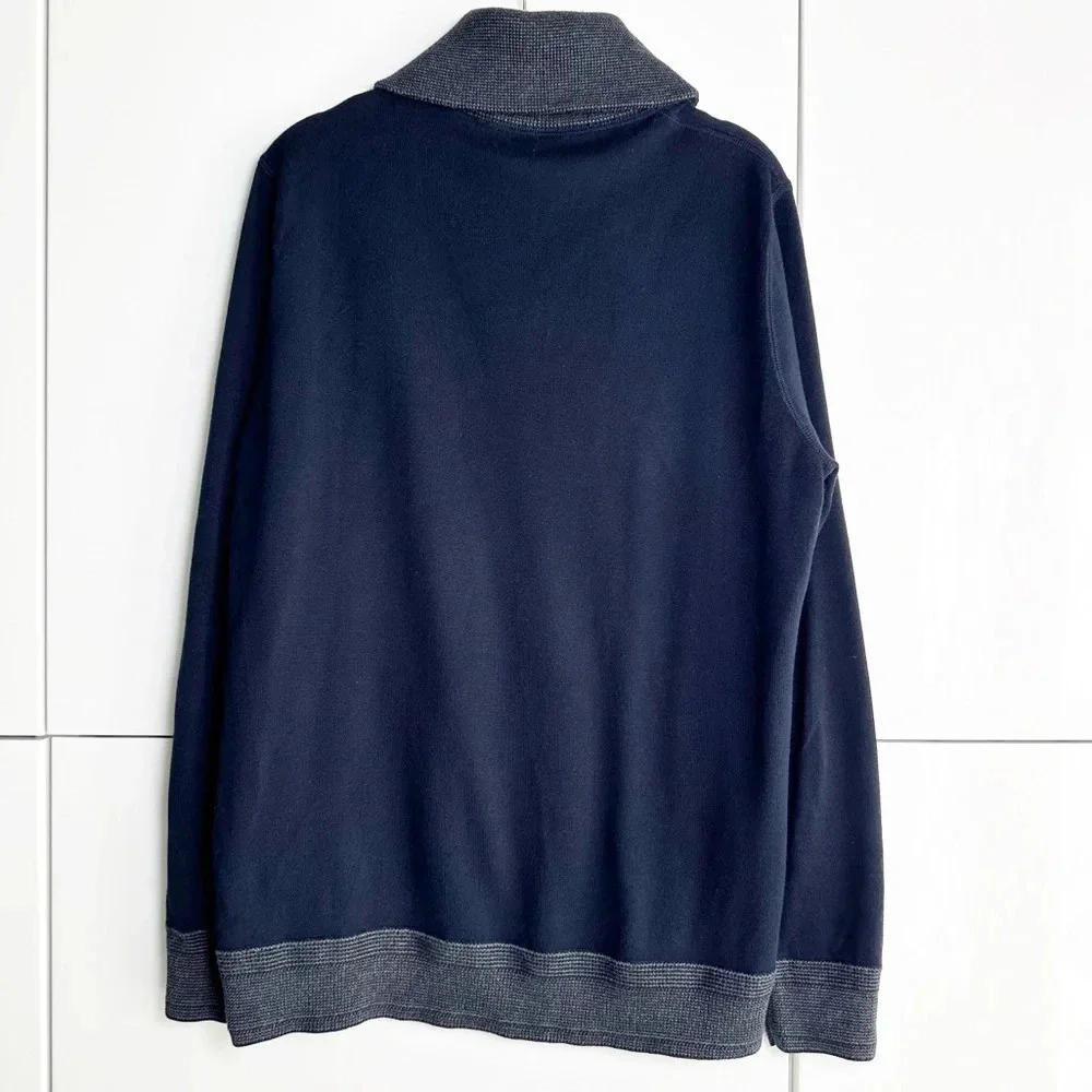 J. Crew Mens Shawl Collar Sweater Navy Gray Trim Medium Cotton Old Money Preppy